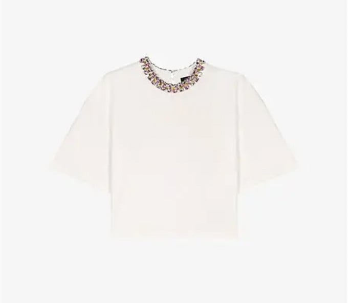 Maje Shirt Womens Medium White Rhinestone Embellished Crew Neck Jersey Top Boxy
